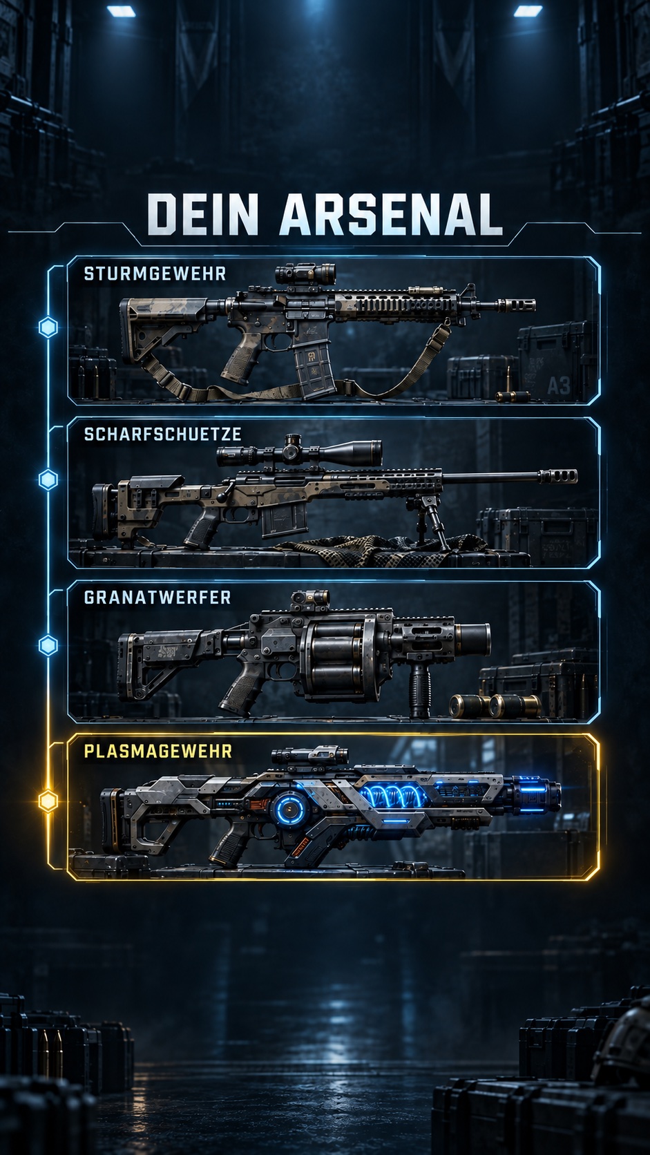 Konzept des Arsenals mit Sturmgewehr, Scharfschützengewehr, Granatwerfer und Plasmagewehr